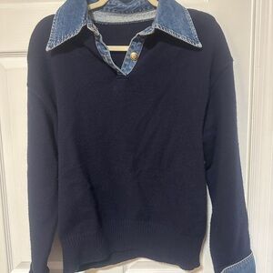 Commense Dark Blue Sweater with Denim Collar